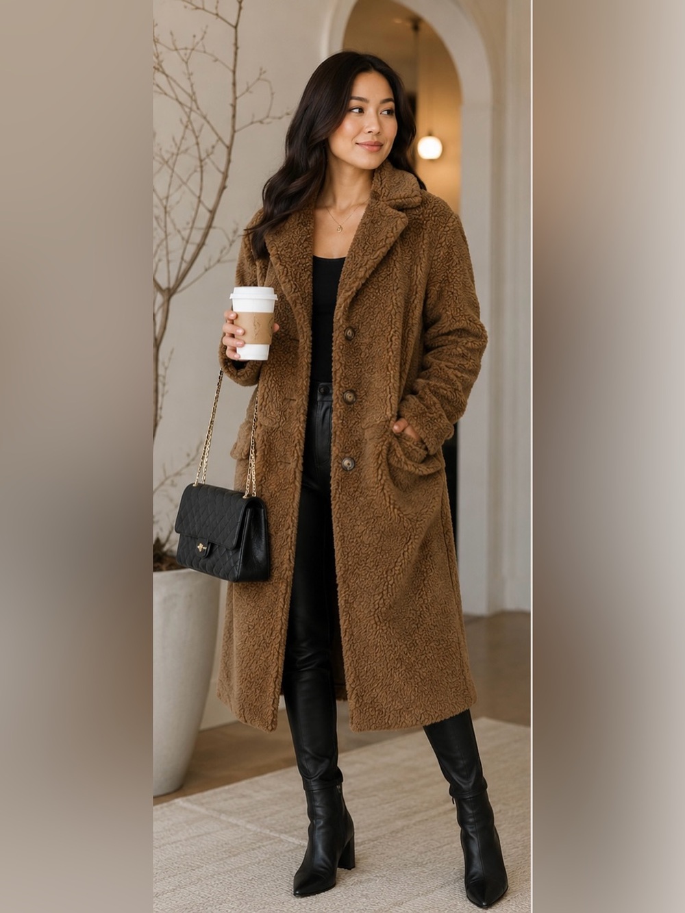 Cozy Long Teddy Jacket in Camel Brown by Forever 21